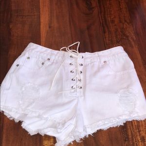 Tie up white jean shorts